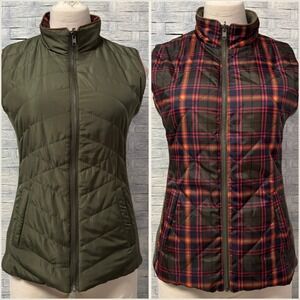 GRACE & Lace Womens S Reversible Quilted Vest Olive Green Plaid Full Zip Pockets